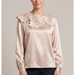 Maggy New York VTG 80s Regency Blouse Top Beaded Flower Collar Champagne